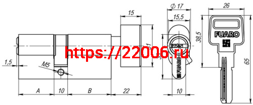 Цилиндровый Fuaro (Фуаро) механизм (R602/70) R6002Knob70(30+10+30) PB латунь 5Key с вертушкой фото 3