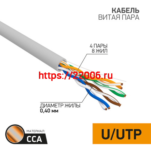 Кабель витая пара PROconnect LIGHT UTP 4PR 26AWG, CCA, CAT5, PVC серый, бухта 305 м